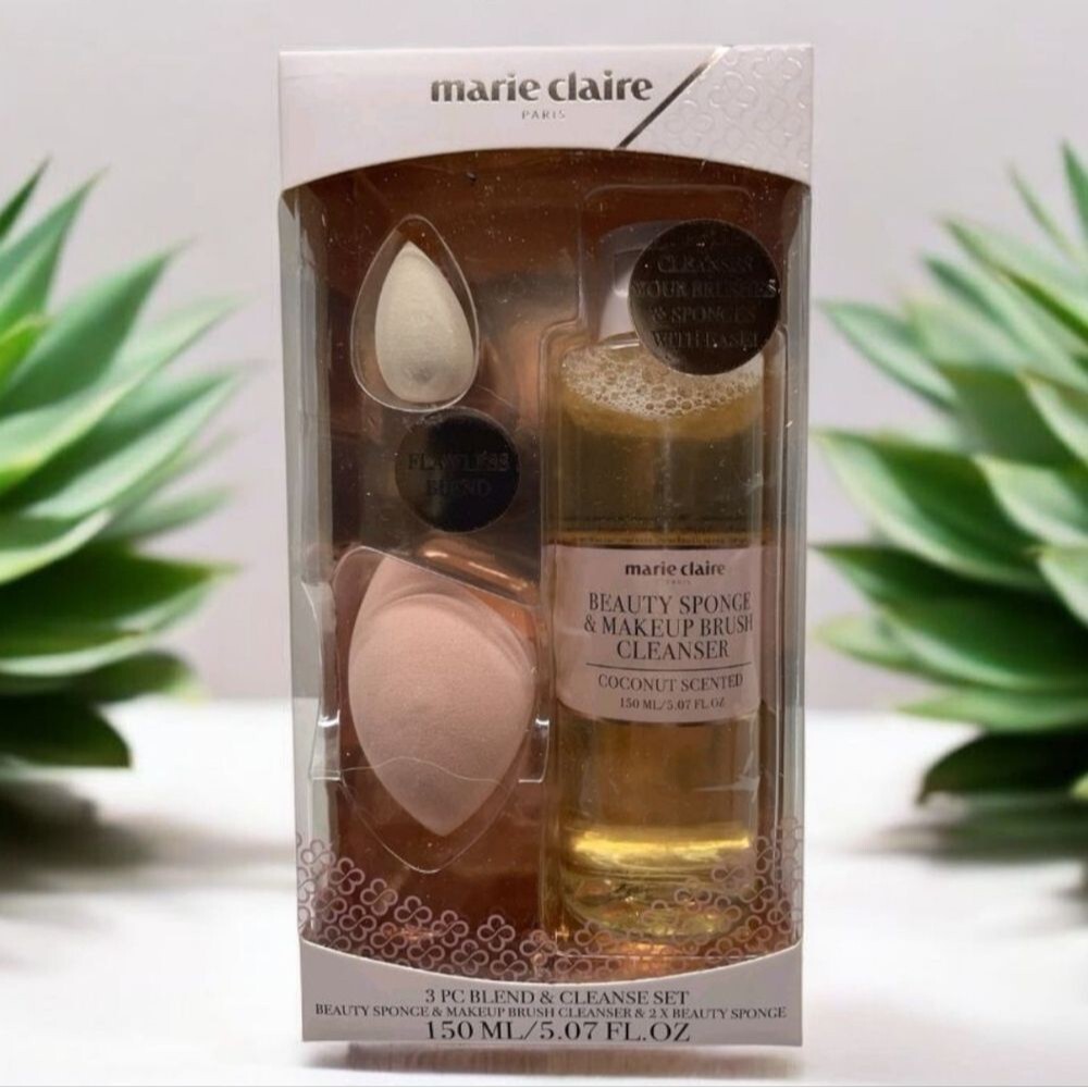 Marie Claire Paris 3 Pc Blend & Cleanse Set Beauty Sponge & Makeup Brush New